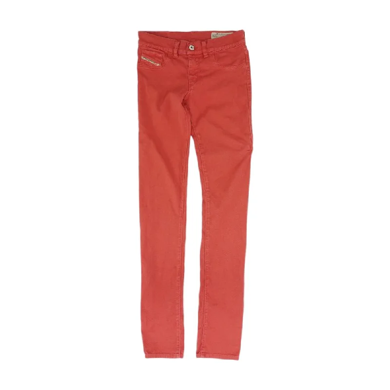 Red Solid Low Rise Slim Leg Jeans Fashionable Vintage Wash Jeans
