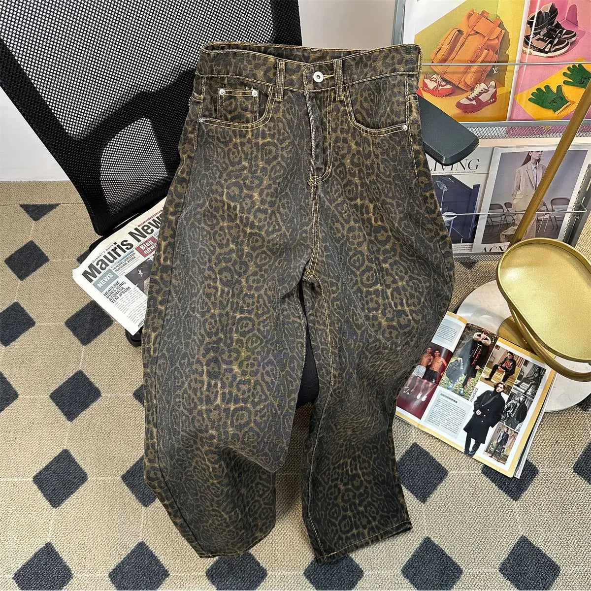 Retro Spring Trendy Leopard Print Jeans Women's American High Street Trousers Fashionable Slim Fit Jeans Retro Spring Trendy Leopard Print Jeans Women's American High Street Trousers Fashionable Slim Fit Jeans