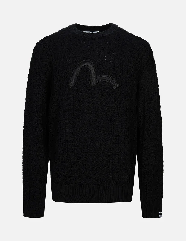 Seagull Embroidery Cable Knit Regular Fit Sweater Zippered Front Buttoned Front Snap Front