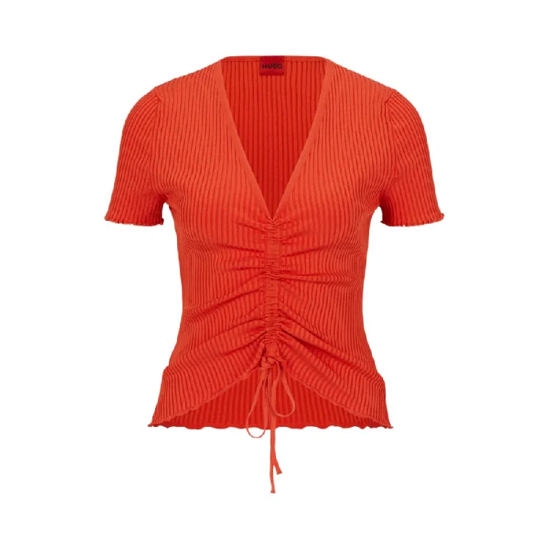 Short-sleeved ribbed sweater with gathered front Stylish Fashionable Trendy