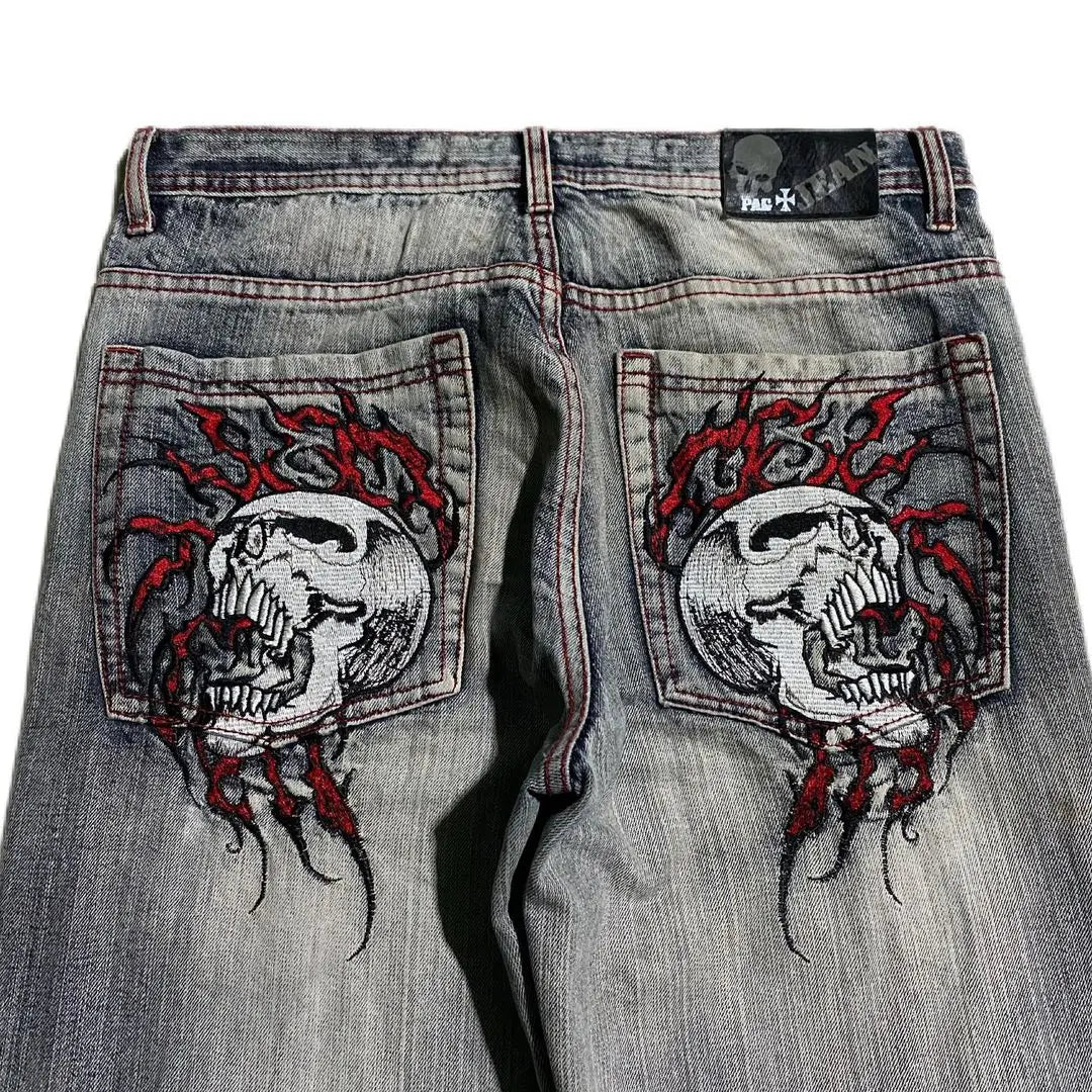 Skull Embroidered Loose Fit Jeans Fashion Harajuku Trend Y2K Women Casual Street Comfortable Zip-Up Skinny Jeans