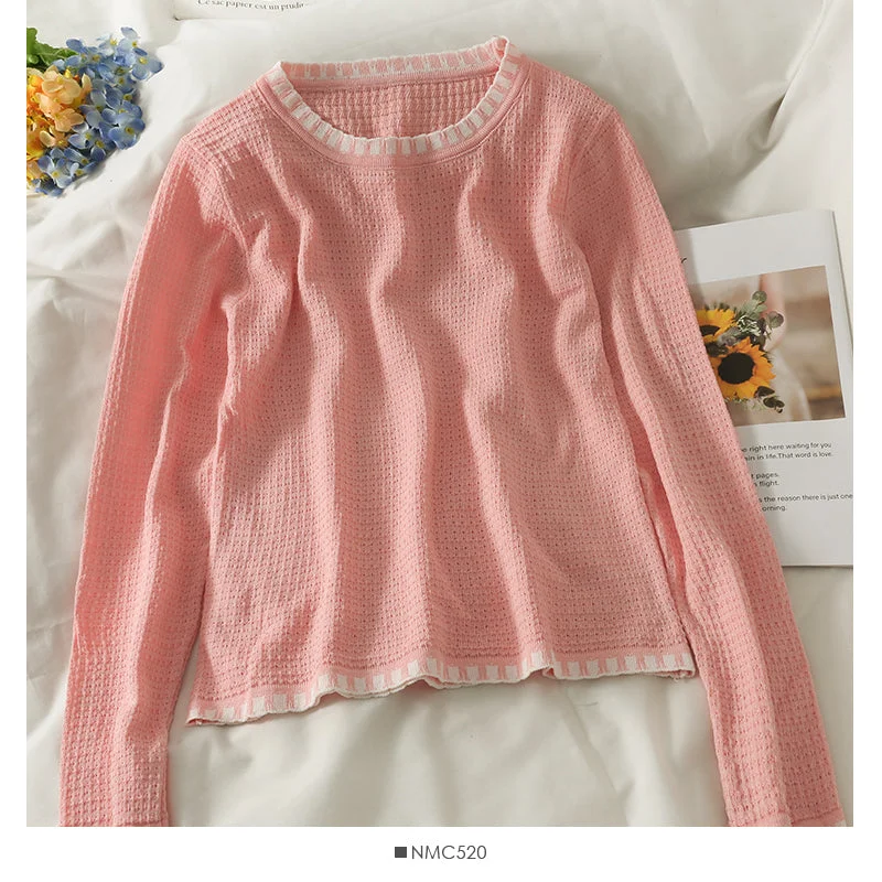 Slim and slim round neck sweater top women's new color matching bottom shirt  2040 Fitted Slim Tailored