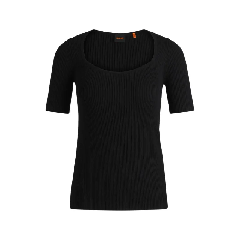 Square-neck short-sleeved sweater in ribbed stretch fabric Zippered Buttoned Snapped