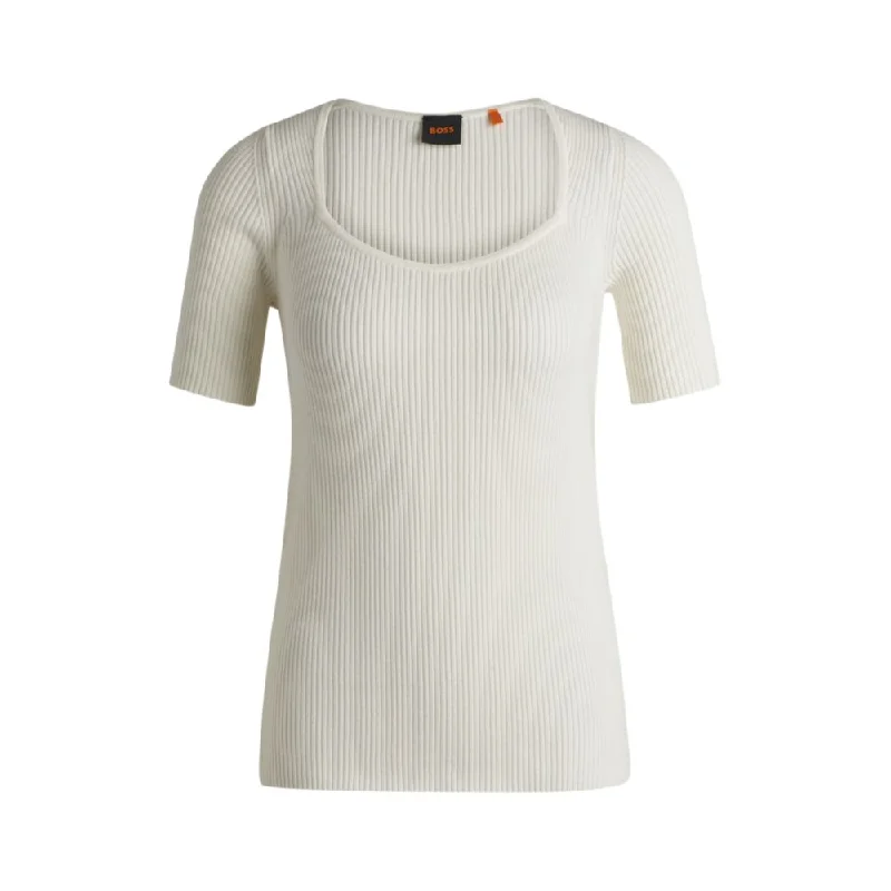 Square-neck short-sleeved sweater in ribbed stretch fabric Terry Blend Velvet Blend Canvas Blend Square-neck short-sleeved sweater in ribbed stretch fabric Terry Blend Velvet Blend Canvas Blend