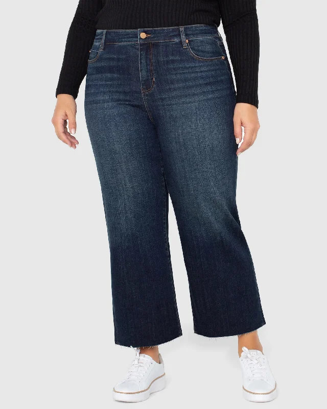 Plus Size Stride High Rise Wide Leg Jeans with Cut Hem Casual Bootcut Ripped Jeans