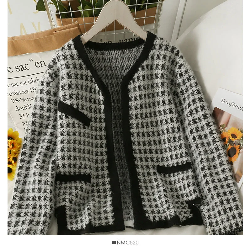 Sweater women's autumn and winter check loose and thin long sleeved cardigan 2075 Hooded Sweater Collared Sweater Shawl Collar Sweater women's autumn and winter check loose and thin long sleeved cardigan 2075 Hooded Sweater Collared Sweater Shawl Collar
