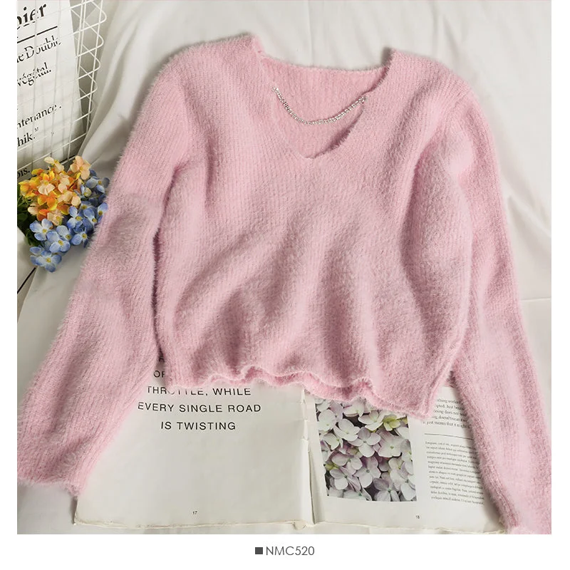 Sweater women's autumn diamond chain decorative V-Neck Sweater 1866 Hooded Caped Shawl Collar Sweater women's autumn diamond chain decorative V-Neck Sweater 1866 Hooded Caped Shawl Collar