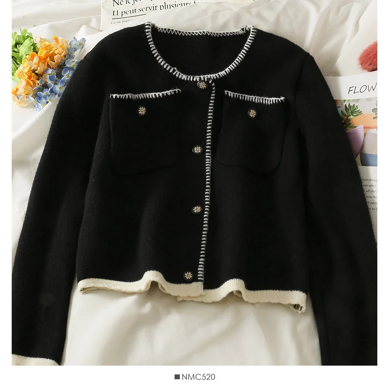 Sweater women's bag side single breasted cardigan top color matching slim fit bottomed sweater 1983 Ribbed Striped Patterned Sweater women's bag side single breasted cardigan top color matching slim fit bottomed sweater 1983 Ribbed Striped Patterned