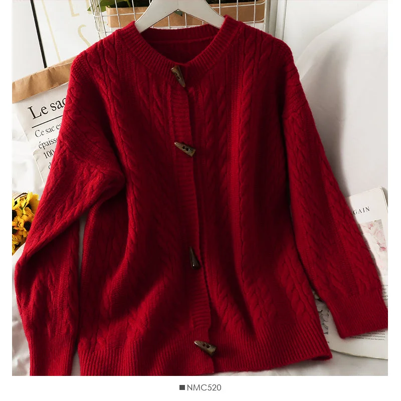 Sweater women's solid color ox horn button round neck sweater 1825 Layered Multi-layer Single Layer Sweater women's solid color ox horn button round neck sweater 1825 Layered Multi-layer Single Layer