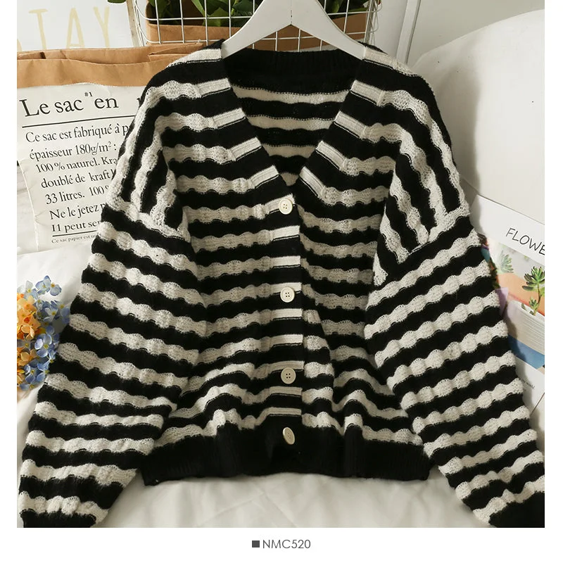 Sweater women's striped single breasted cardigan long sleeved sweater 1982 Real Fur Shearling Chenille Sweater women's striped single breasted cardigan long sleeved sweater 1982 Real Fur Shearling Chenille