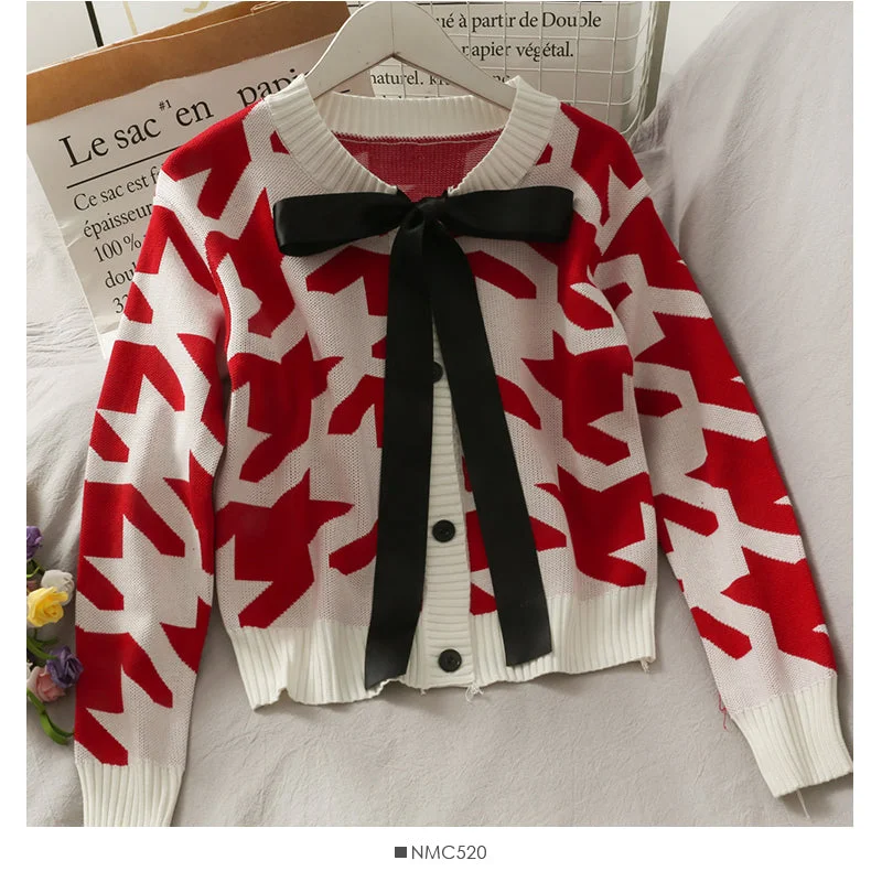 Sweet and versatile bow knot round neck single breasted sweater women 1988 Casual Formal Business Sweet and versatile bow knot round neck single breasted sweater women 1988 Casual Formal Business