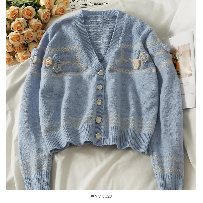 Sweet three-dimensional flower wavelet point short cardigan sweater 2039 Neon Metallic Matte Sweet three-dimensional flower wavelet point short cardigan sweater 2039 Neon Metallic Matte