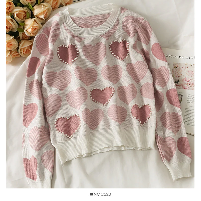 Sweet wind nail pearl heart print sweater for women  1839 Seamless Knitted Crochet