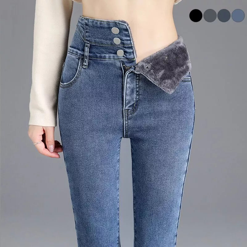 Thermal Winter Thick Fleece High-waist Warm Skinny Jeans Thick Women Stretch Button Fashionable Bootcut Jeans