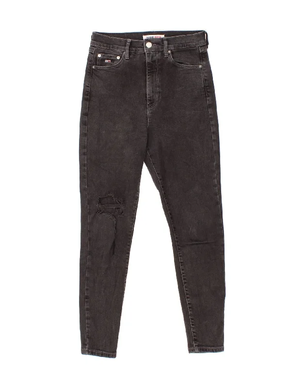 TOMMY HILFIGER Womens Distressed Skinny Jeans W27 L28 Black Cotton Elegant Tapered Leg Denim