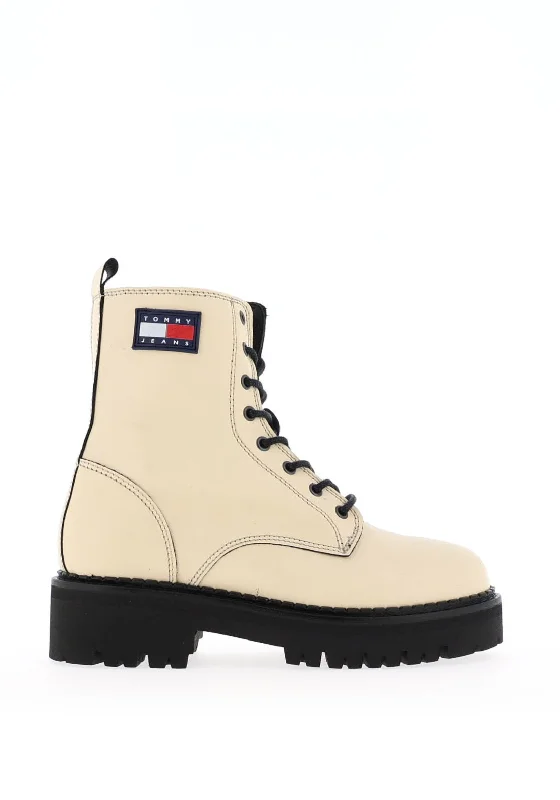 Tommy Jeans Leather Urban Lace up Boots, Beige Stylish Relaxed Fit Skinny Jeans
