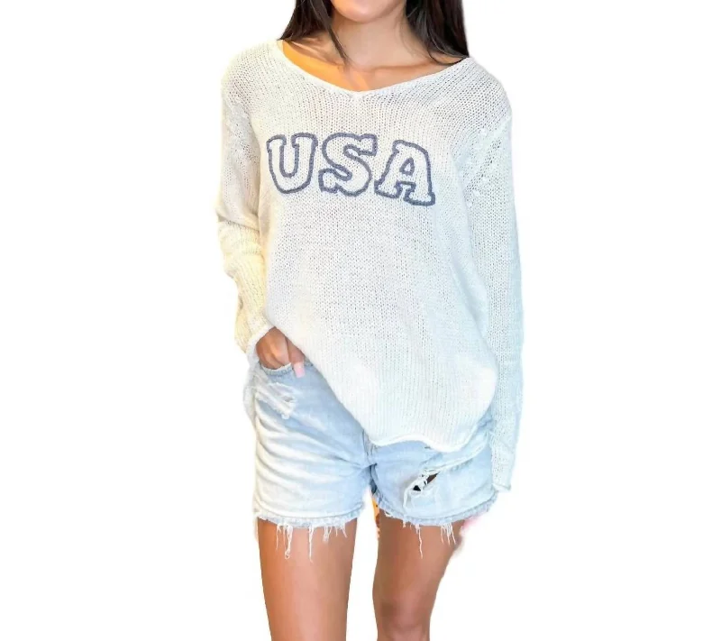 Usa V Neck Sweater In White Glossy Satin Silk