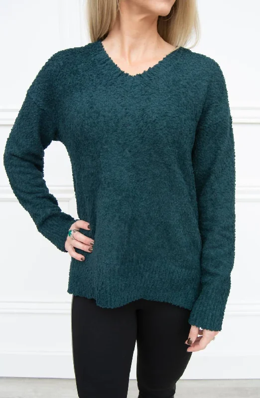 V-Neck Teddy Sweater In Jade Zippered Front Buttoned Front Snap Front
