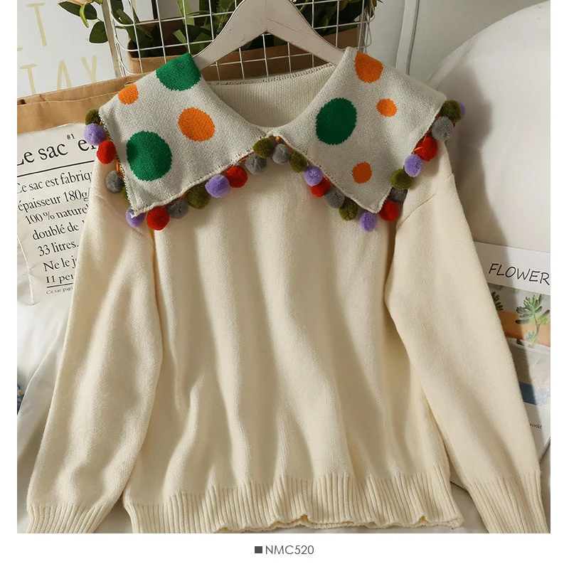 Versatile wool ball decorative doll neck long sleeve women's sweater  1930 Seamless Knitted Crochet