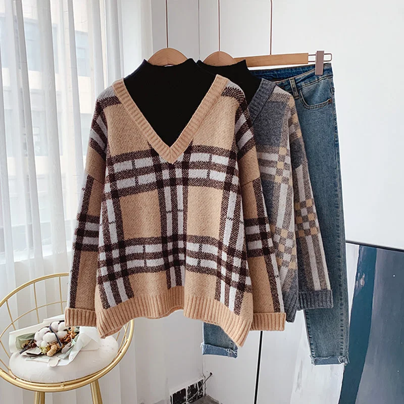Vintage Plaid half high neck sweater  5033 Elegant Classic Vintage