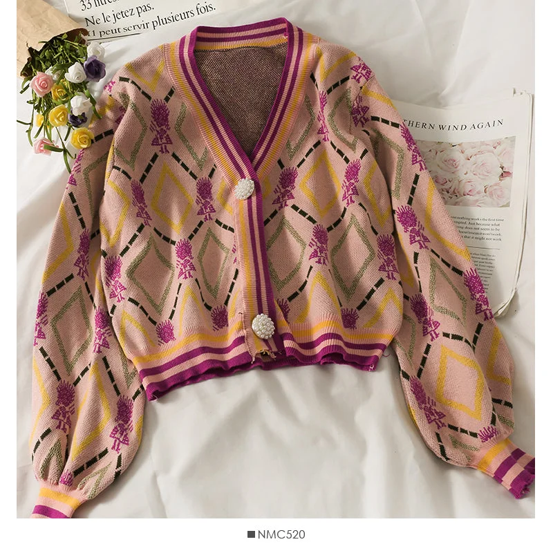 Vintage Print diamond check loose long sleeve top women's autumn V-neck two button short sweater 2066 Anti-Pilling Anti-Shrink Durable Vintage Print diamond check loose long sleeve top women's autumn V-neck two button short sweater 2066 Anti-Pilling Anti-Shrink Durable