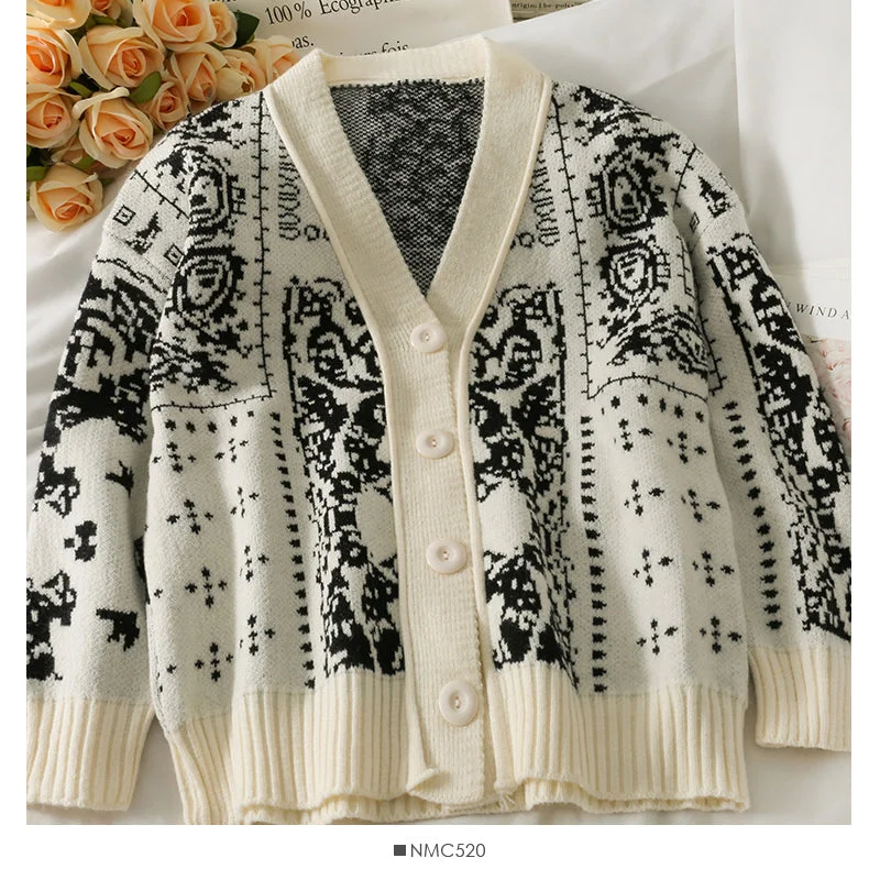 Vintage printed single breasted cardigan loose sweater women's new V-Neck long sleeve versatile sweater fashion 2031 Faux Fur Fabric Real Fur Fabric Shearling Fabric Vintage printed single breasted cardigan loose sweater women's new V-Neck long sleeve versatile sweater fashion 2031 Faux Fur Fabric Real Fur Fabric Shearling Fabric