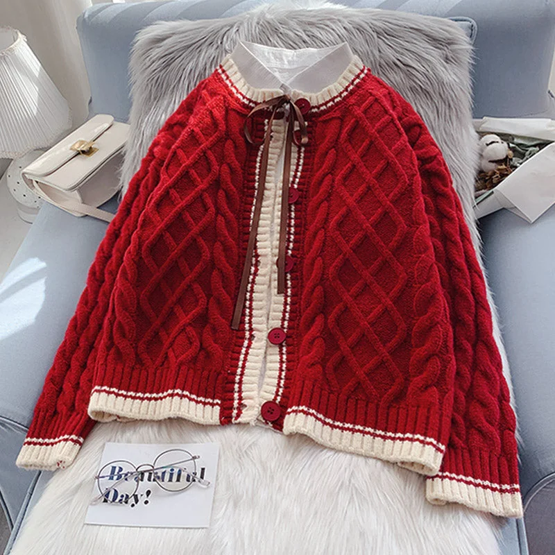 Vintage Red twist sweater Korean knitted jacket  5021 Sweater Knitwear Pullover