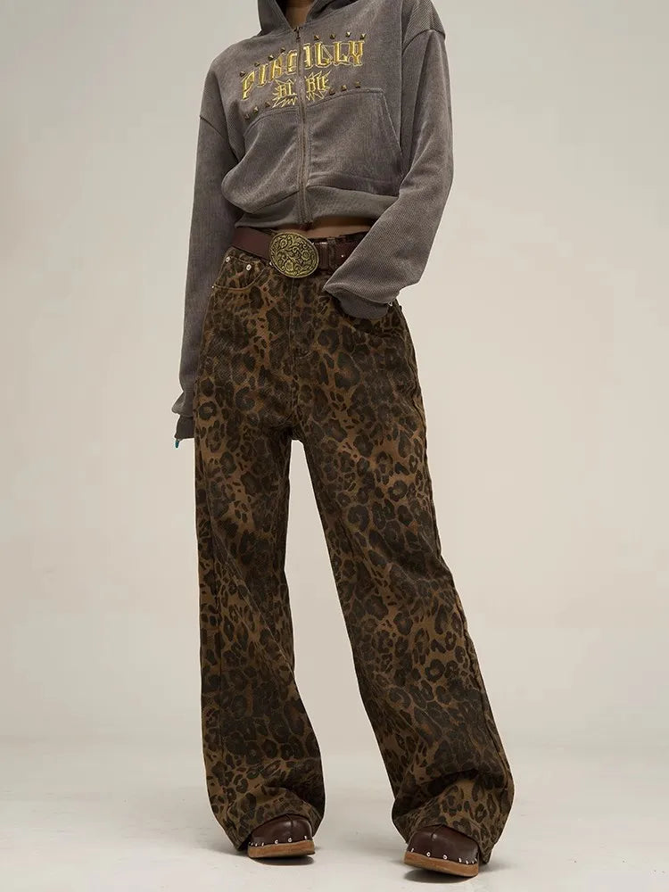 Leopard Jeans Women Denim Pants Female Wide Leg Trousers Trendy Button-Up High-Waist Jeans Leopard Jeans Women Denim Pants Female Wide Leg Trousers Trendy Button-Up High-Waist Jeans