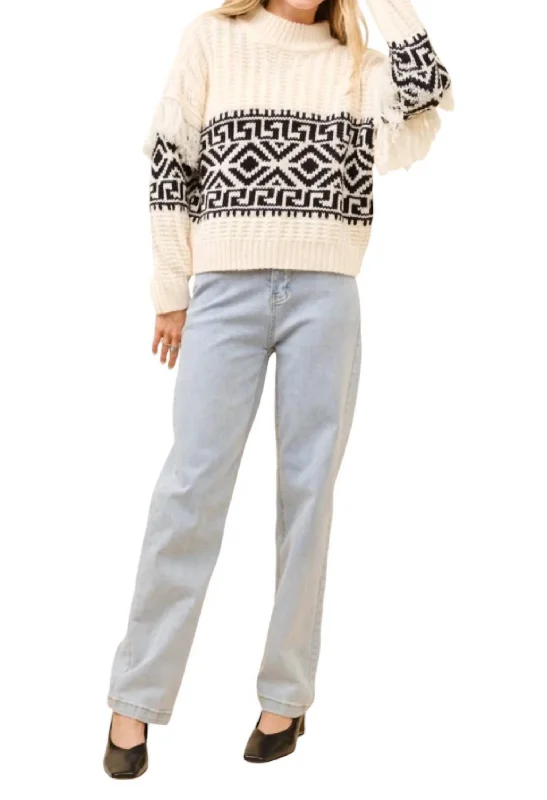Western Aztec Mock Neck Fringe Sweater In Cream Layered Multi-layer Single Layer