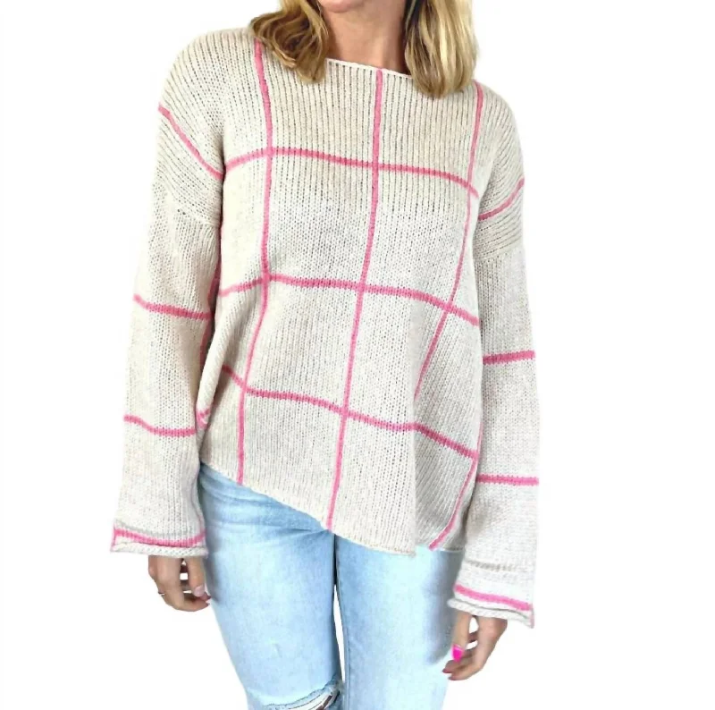 Window Pane Sweater In Pink/cream Sequined Glittery Shiny