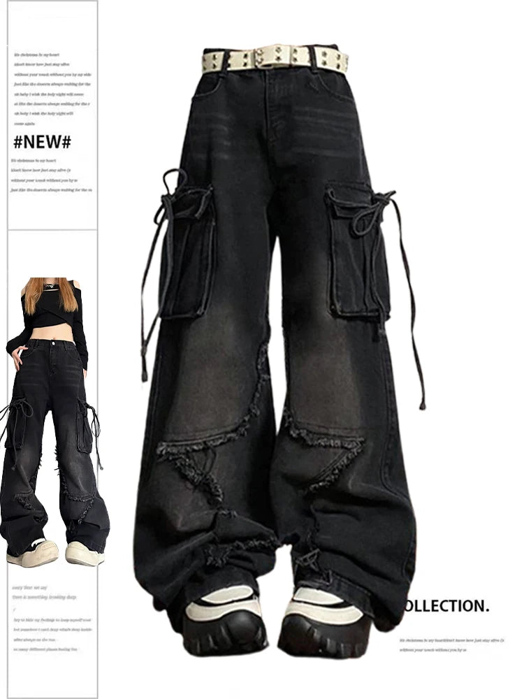 Women's Black Gothic Baggy Cargo Jeans with Star Harajuku Y2k 90s Clothes Comfortable Mid-Rise Jeans