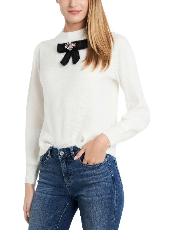 Womens Bow Mock Neck Sweater Elegant Classic Vintage