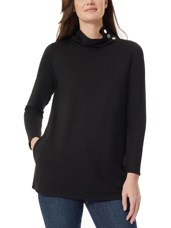 Womens Button Tunic Sweater Welt Pockets Slit Pockets Flap Pockets