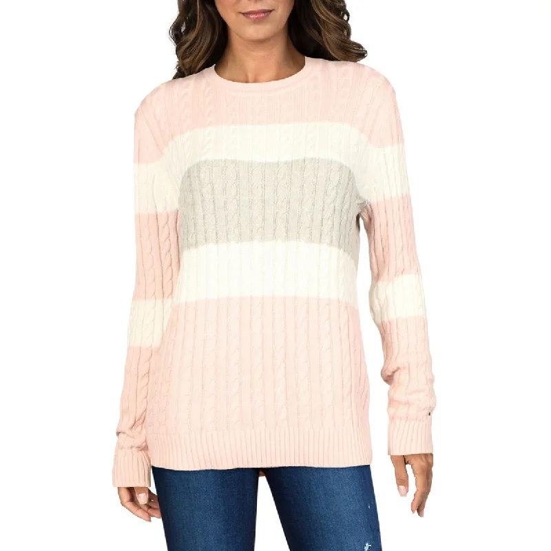 Womens Cable Knit Colorblock Crewneck Sweater Denim Fabric Leather Fabric Suede Fabric Womens Cable Knit Colorblock Crewneck Sweater Denim Fabric Leather Fabric Suede Fabric