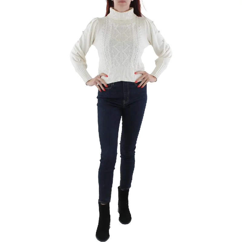 Womens Cable Knit Pullover Turtleneck Sweater Sequined Glittery Shiny