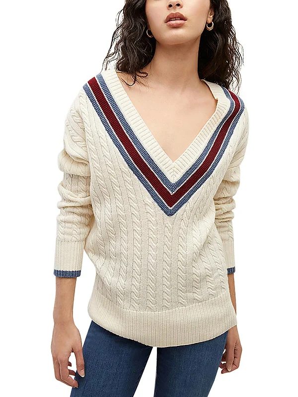 Womens Cable-Knit Ribbed Trim V-Neck Sweater Terry Terry Cloth Terry Knit