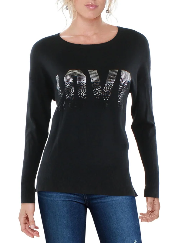 Womens Embellished Ribbed Trim Pullover Sweater Transparent Opaque Sheer