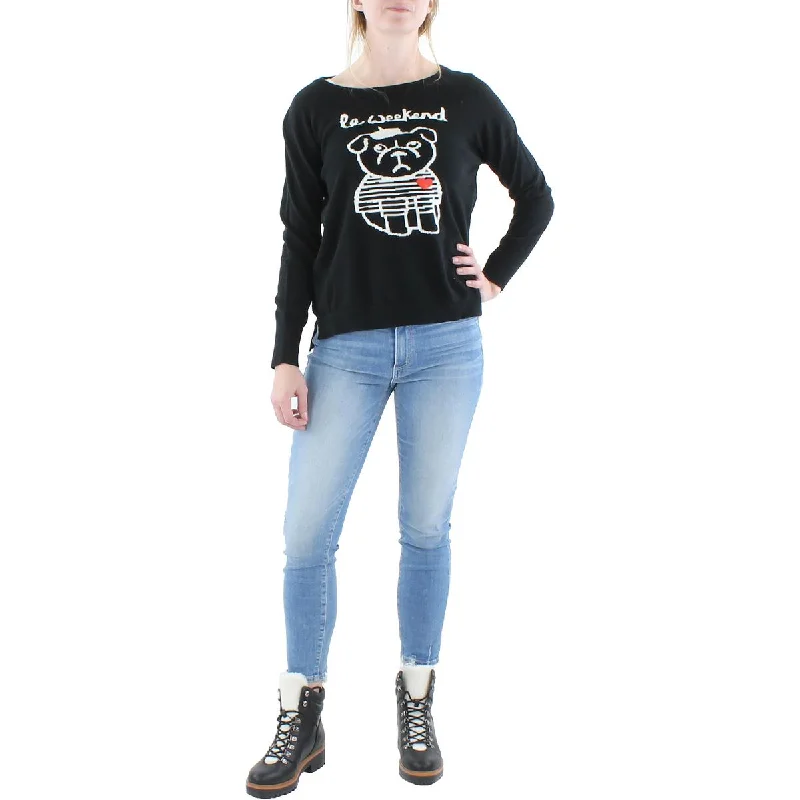 Womens Graphic Knit Pullover Sweater Notch Collar Peter Pan Collar Cowl Neck