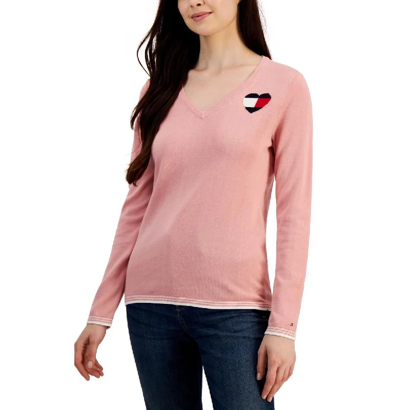 Womens Heart Stripe Trim V-Neck Sweater Long Sweater Short Sweater Cropped Sweater