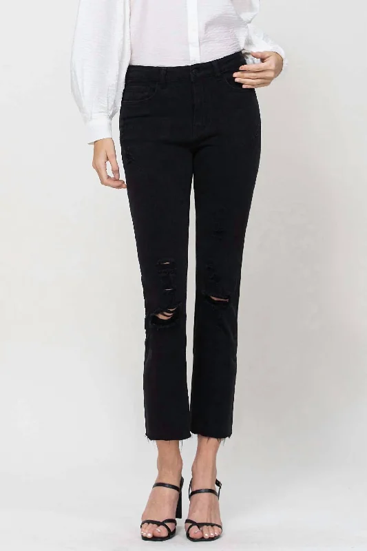 Women's High Rise Crop Straight Jeans In Jet Black Comfortable Low-Rise Jeans
