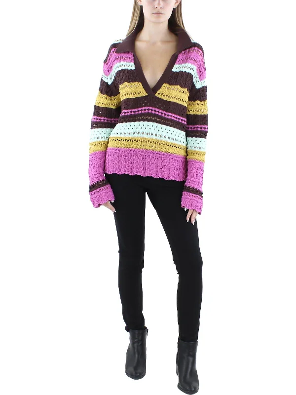 Womens Knit Collared Pullover Sweater Cotton Fabric Linen Fabric Terry Fabric