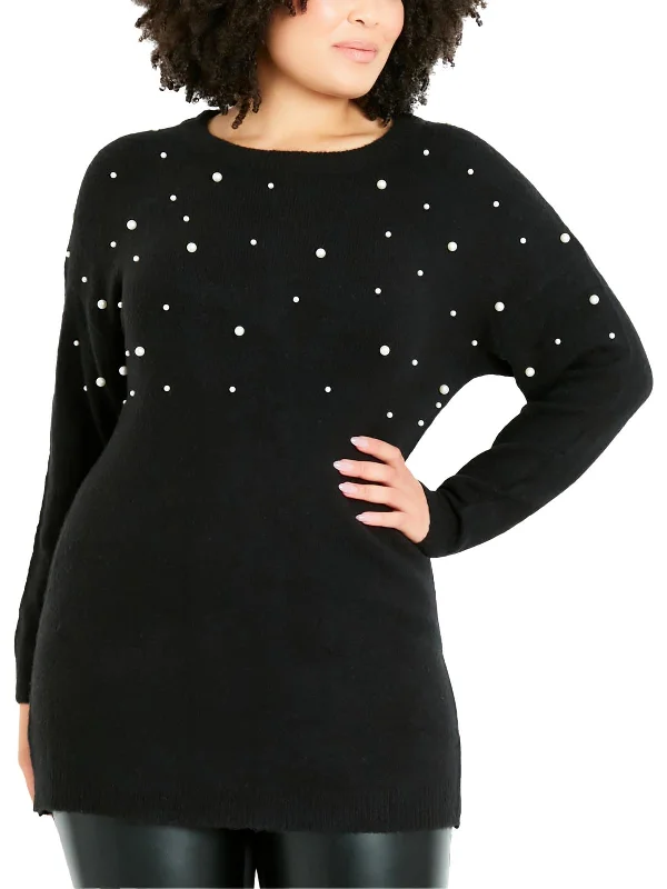 Womens Knit Embellished Crewneck Sweater Zippered Front Buttoned Front Snap Front