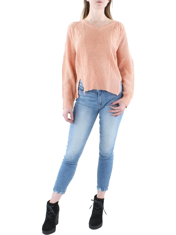 Womens Knit V Neck Pullover Sweater Mesh Blend Leather Blend Suede Blend