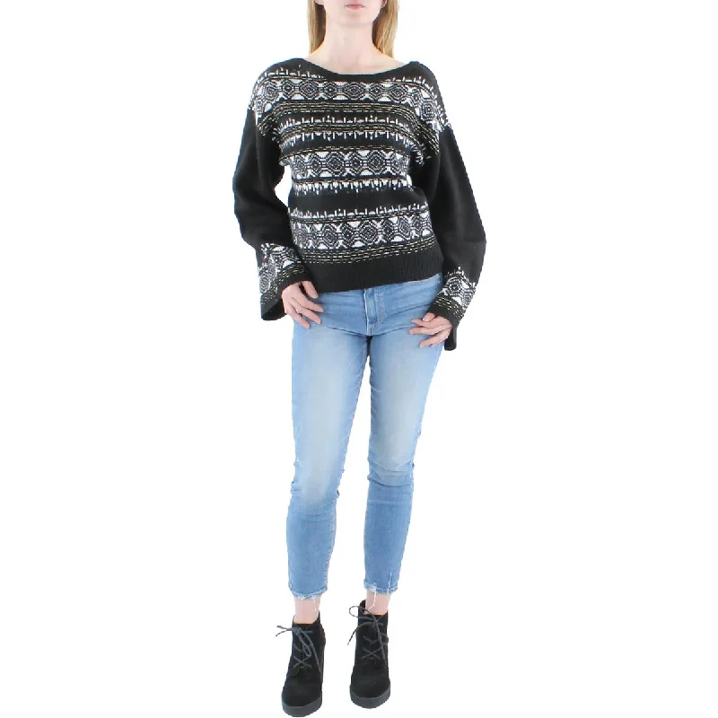 Womens Metallic Fair Isle Pullover Sweater Herringbone Houndstooth Plaid