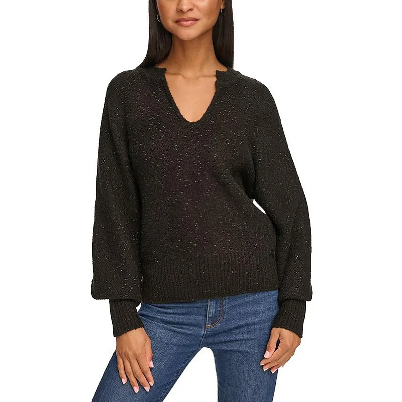 Womens Metallic Split-Neck Pullover Sweater Stylish Fashionable Trendy
