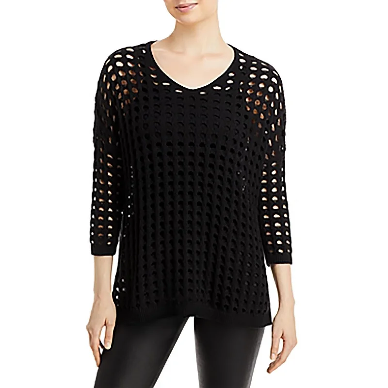 Womens Open Stitch V-Neck Pullover Sweater Cable Knit Ribbed Knit Lace Knit