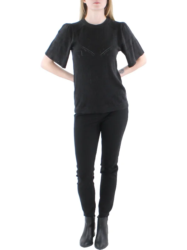 Womens Pointelle Scalloped Sleeves Pullover Sweater Zippered Front Buttoned Front Snap Front Womens Pointelle Scalloped Sleeves Pullover Sweater Zippered Front Buttoned Front Snap Front