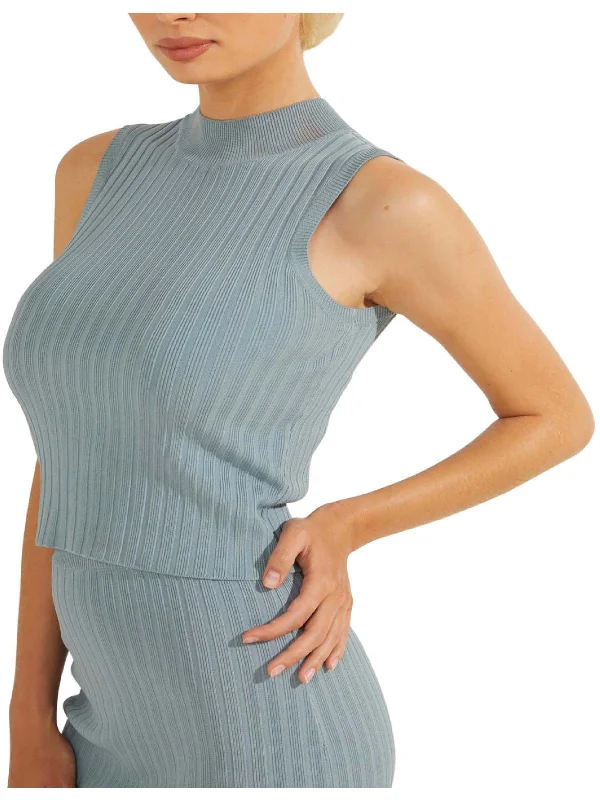Womens Ribbed Knit Sleeveless Mock Turtleneck Sweater Terry Terry Cloth Terry Knit