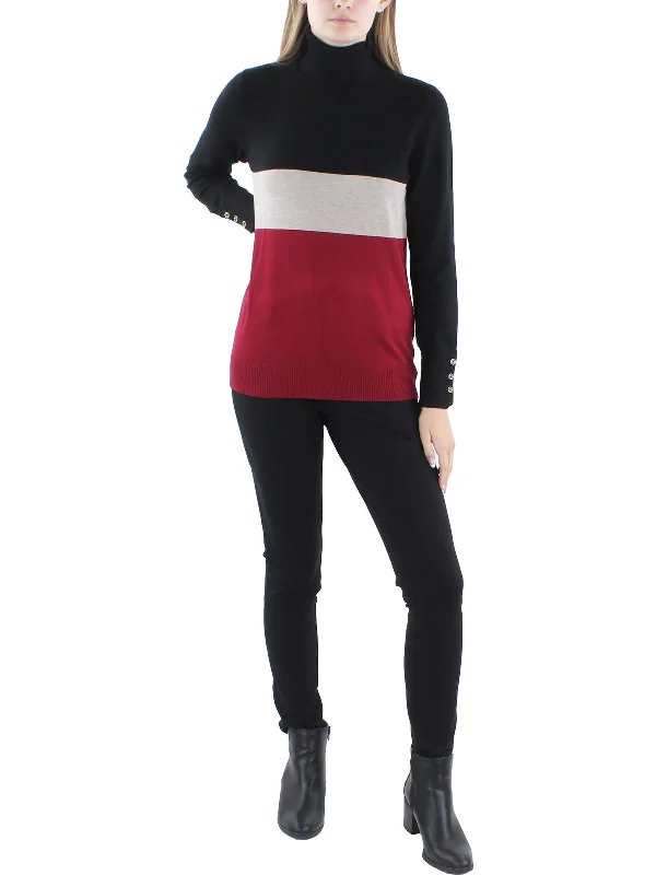 Womens Ribbed Trim Colorblock Turtleneck Sweater Ribbed Striped Patterned