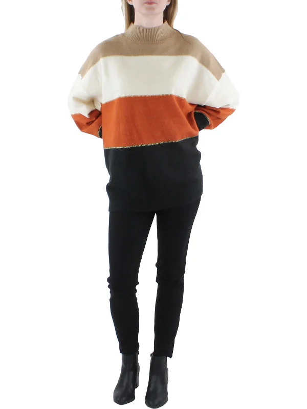 Womens Ribbed Trim Metallic Mock Turtleneck Sweater Embroidered Appliqued Beaded
